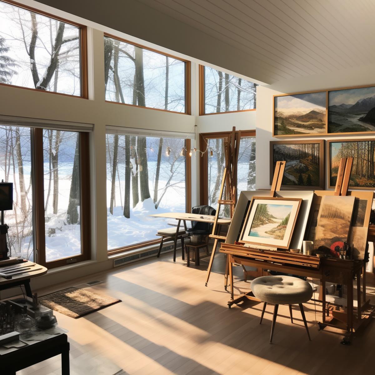Within an artists studio, large windows frame a snowy landscape. Easels hold works in progress, capturing the essence of winters charm. The cozy studio becomes a retreat for creative expression, blending the beauty of nature with the warmth of artistic inspiration.
