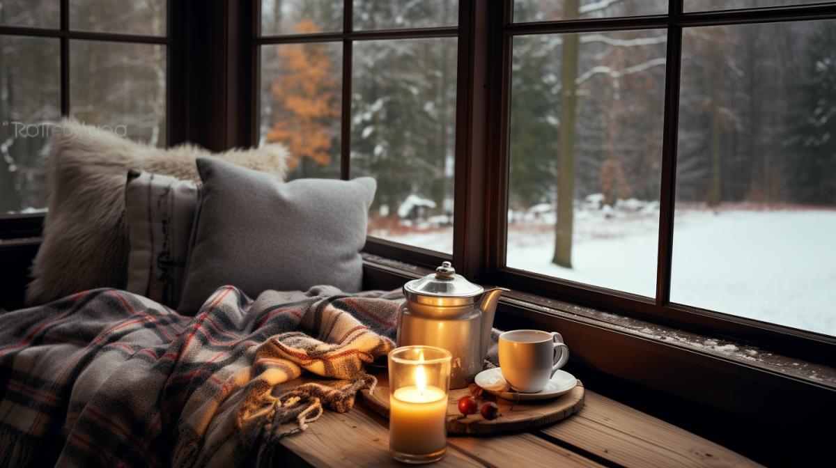 Cozy interior photography, panoramic windows, snowfall outside the windows, hugge atmosphere, warm plaids, hot tea