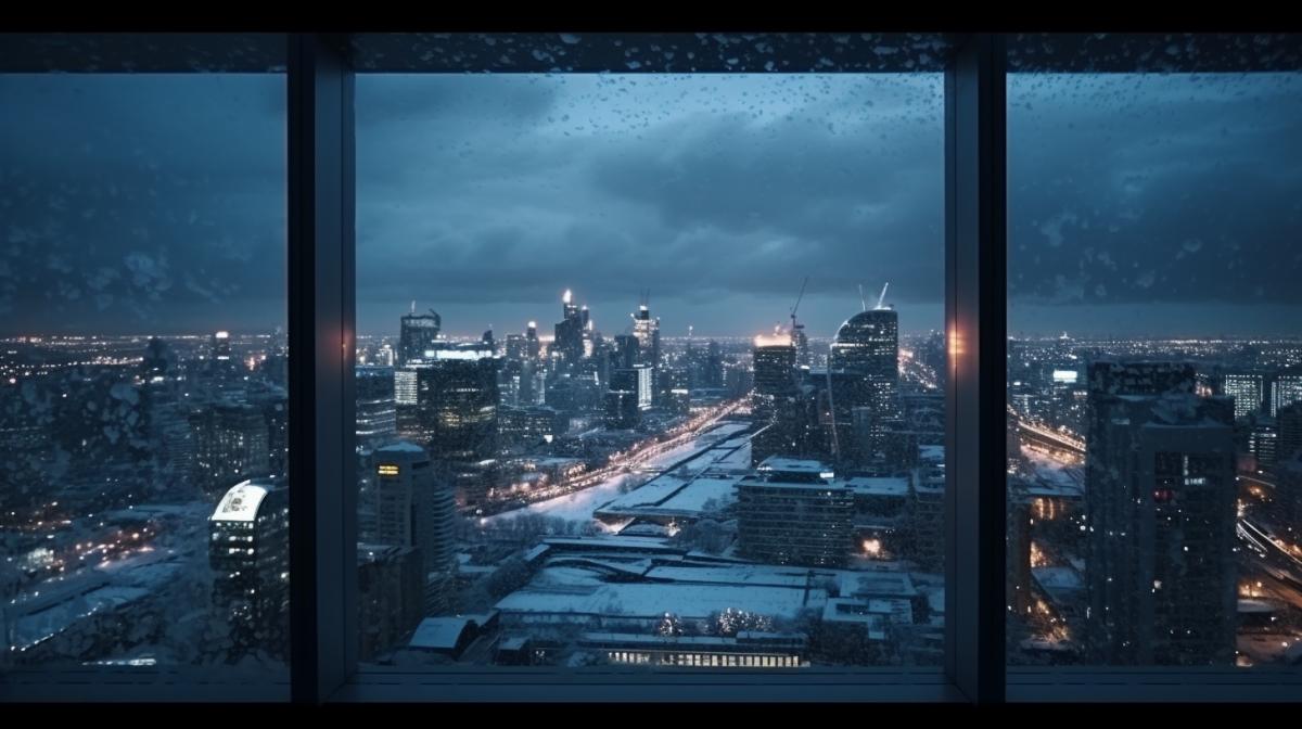View from the panoramic windows of the skyscraper on the metropolis, outside the windows snowfall, winter, twilight, cozy atmosphere