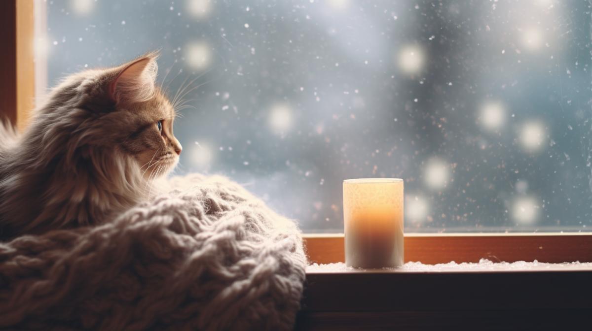Cozy interior photography, panoramic windows, cute kitten on the windowsill, snowfall outside the window, huggee atmosphere, warm plaids, soft pillows, candles, hot cocoa