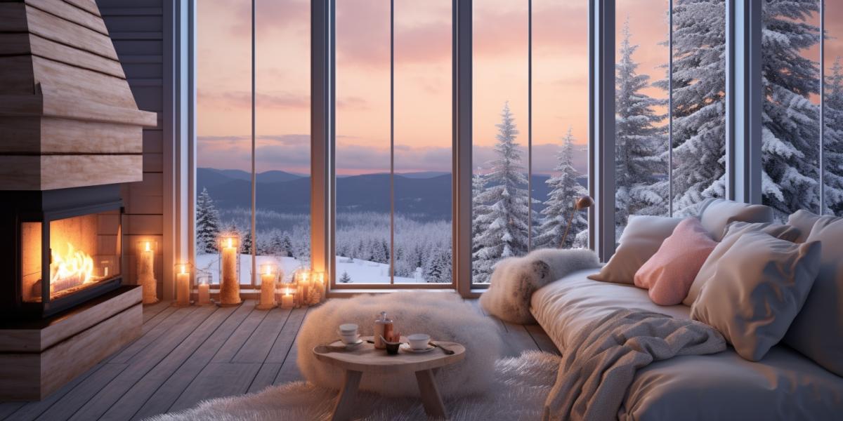 Cozy room with modern interior in loft style, panoramic windows, outside the window snowfall, professional interior photo, hugge atmosphere, warm plaids, soft pillows, winter, twilight