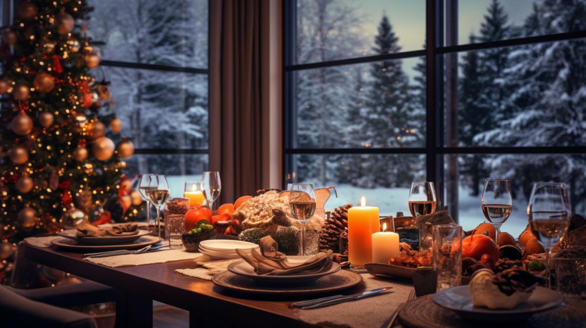 Cozy interior photo, living room with a large table, on the table tangerines, salads, glasses of champagne, lit fireplace, Christmas tree, panoramic windows, outside the window snowfall, winter, twilight, warm atmosphere