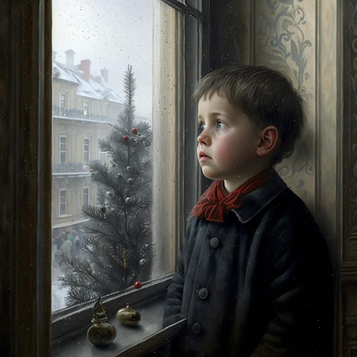 Create an illusion for the book A boy with Christ on the Christmas tree by Fyodor Mikhailovich Dostoevsky.. Petersburg at the end of the 19th century. Christmas. Fierce winter. A poorly dressed boy looks into the window of a rich house.