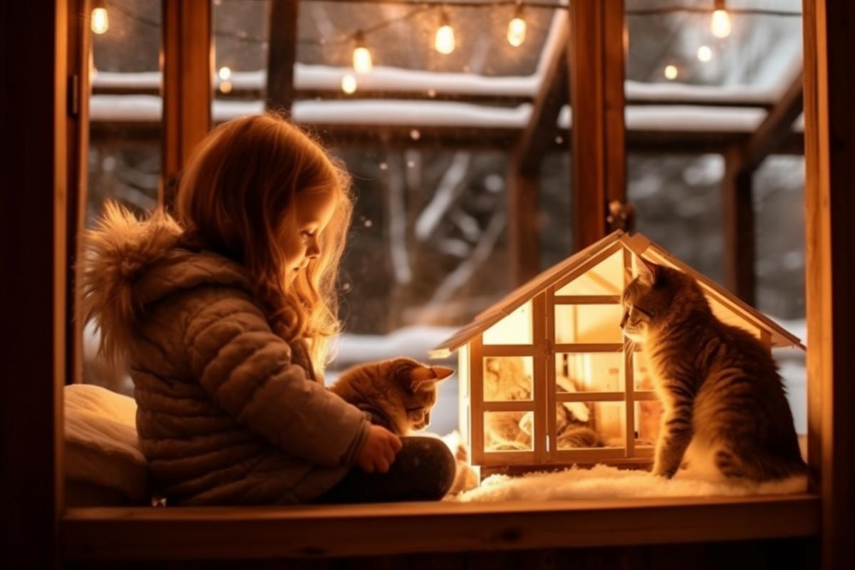 A cozy room in a wooden house, light and warm, children playing with a kitten, and outside the window there is snow and winter.