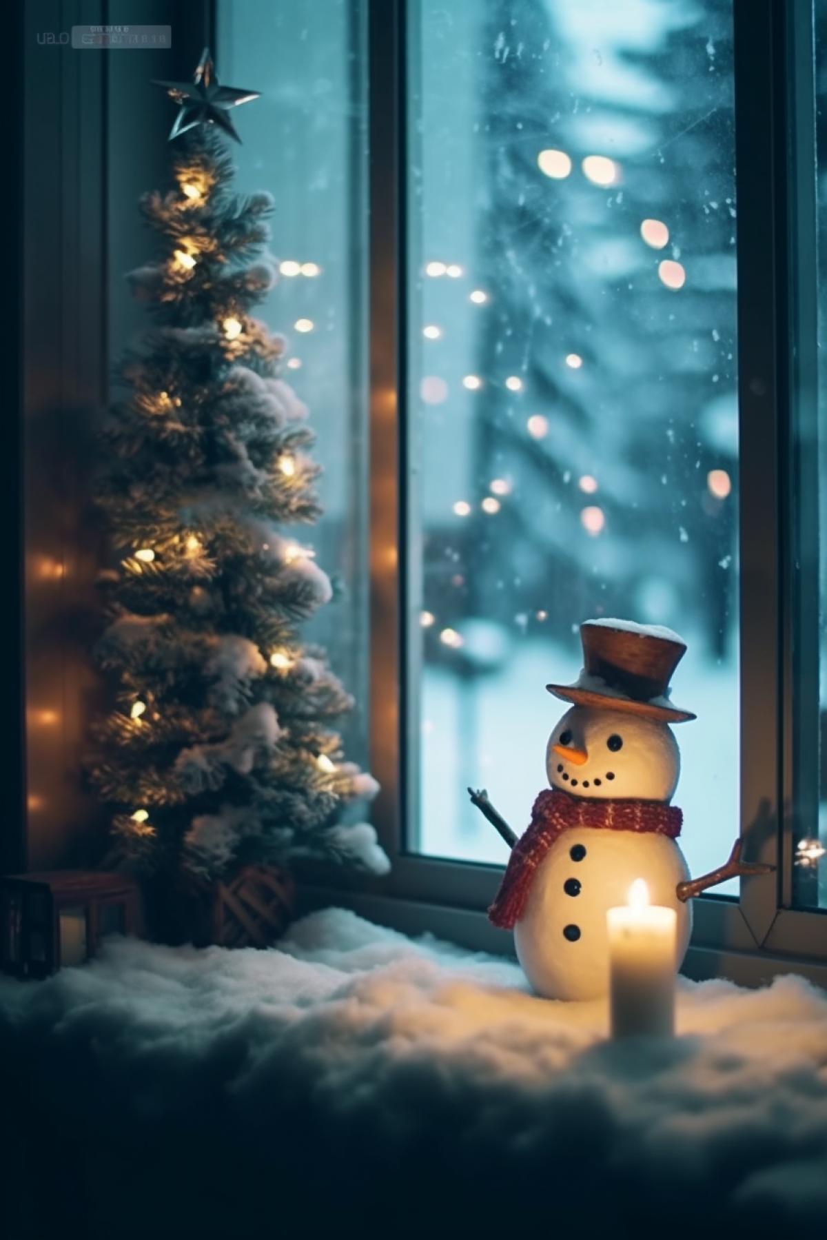 Outside the window there is a large, beautiful, elegant Christmas tree and next to it a snowman