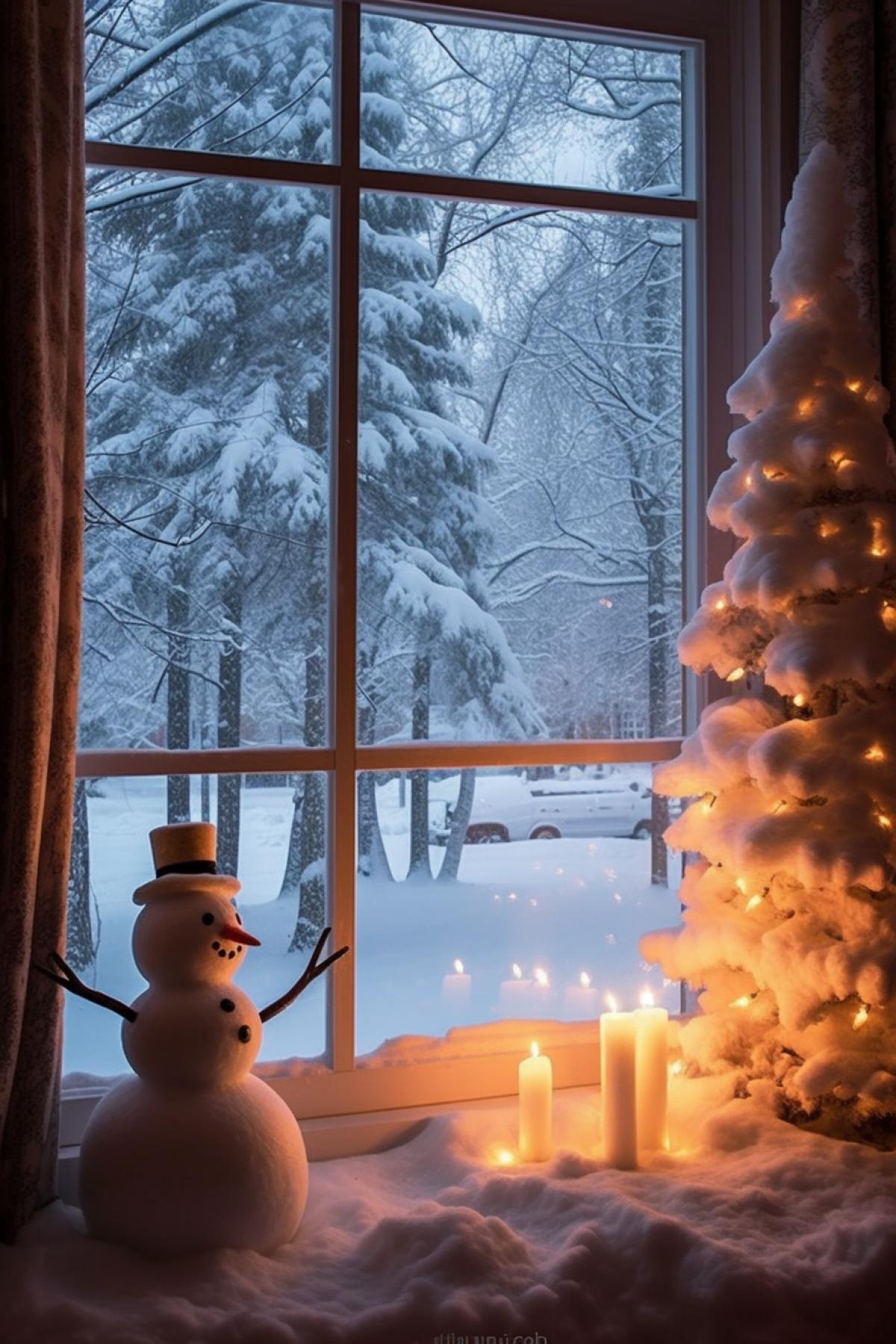 Outside the window there is a large, beautiful, elegant Christmas tree and next to it a snowman
