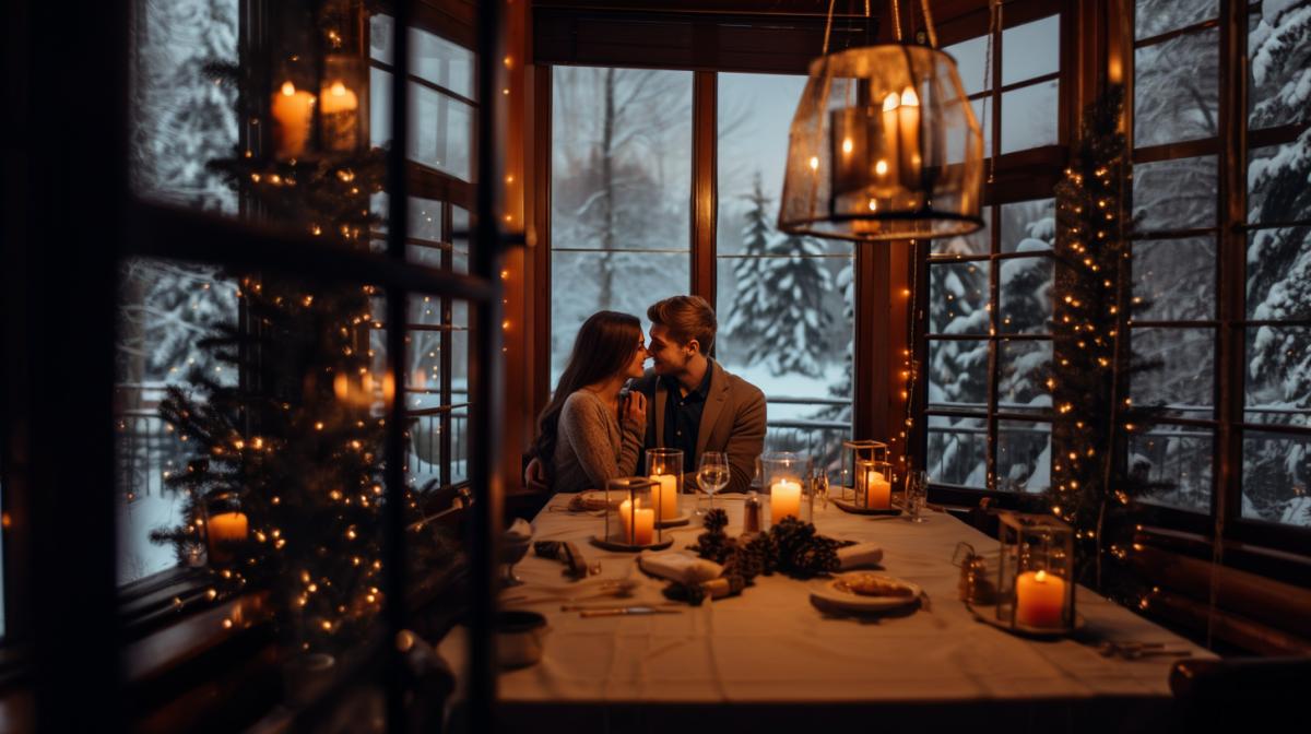 Cozy interior photo, romantic dinner, beautiful couple looking into each others eyes, tangerines on the table, champagne glasses, lit fireplace, Christmas tree, panoramic windows, outside the window snowfall, winter, twilight, warm atmosphere