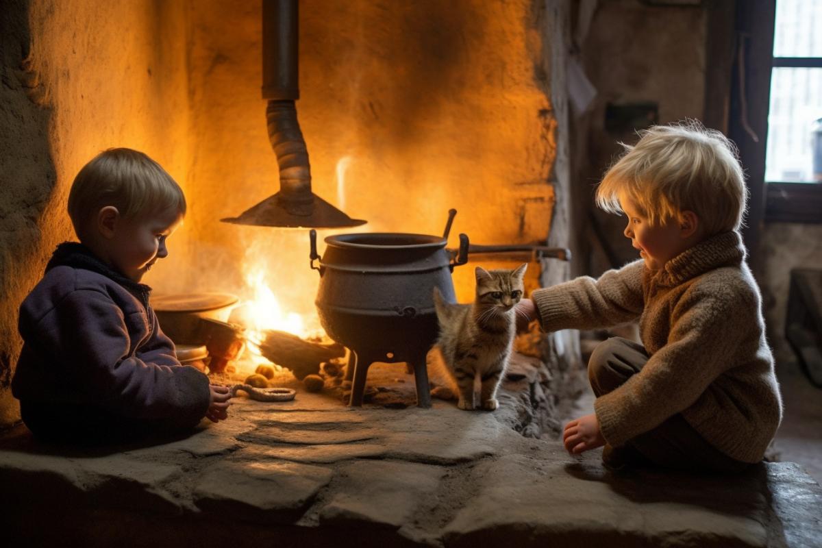 A cozy room in a rural cottage, light and warm, fire in the fireplace, children sitting on the floor playing with a kitten, and outside the window there is snow and winter.
