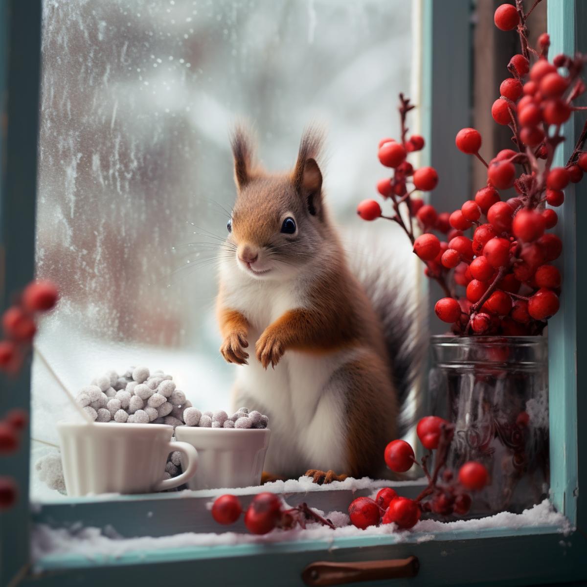 Winter, outside the window there is a cute squirrel with red berries, photo