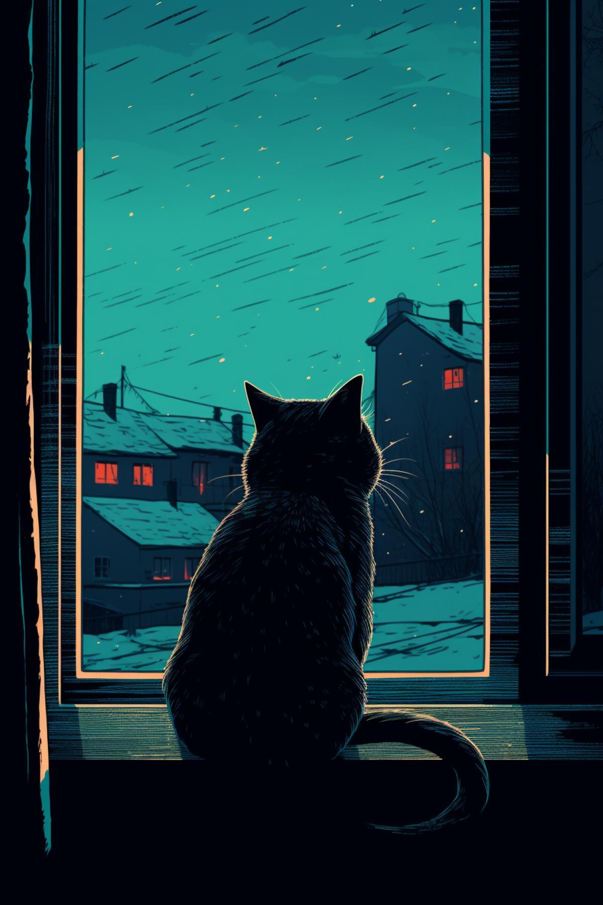 ultra-minimalist 3-color engraving a dark cat is looking out of a apartment window at Winter village landscape, uplighting, rim lighting, 8k, saturated iridescent teal, s. vintage, harmonious design