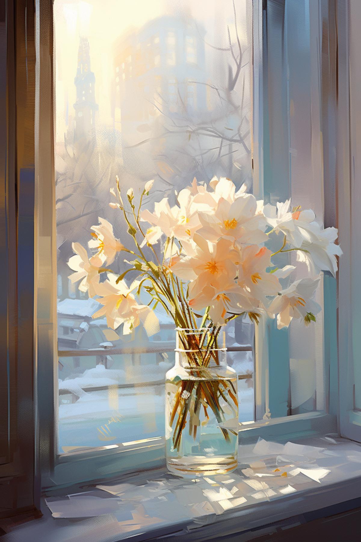 Impressionist beautiful flowers vase in a sun winter window, Manga Art in the style of Paul Hedler, Anime Impressionism, Makoto Shinkai