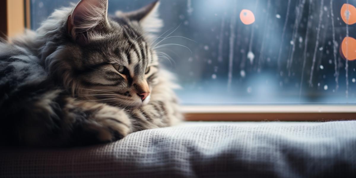 Cozy interior photography, panoramic windows, cute kitten on the windowsill, snowfall outside the window, hugge atmosphere, warm plaids, soft pillows, winter, twilight