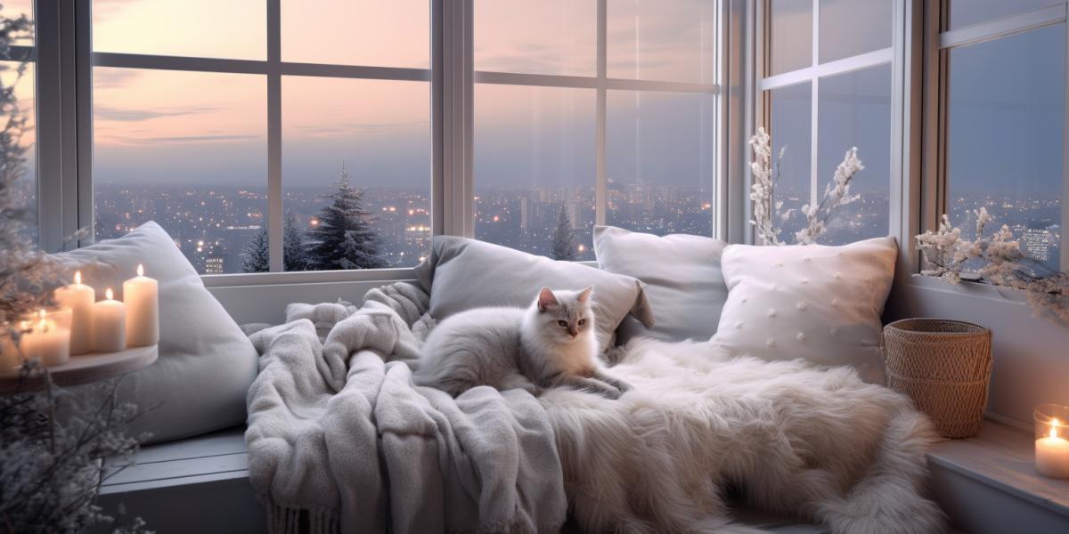 Cozy room with modern interior in loft style, panoramic windows, outside the window snowfall, cute kitten, professional interior photo, hugge atmosphere, warm plaids, soft pillows, winter, twilight