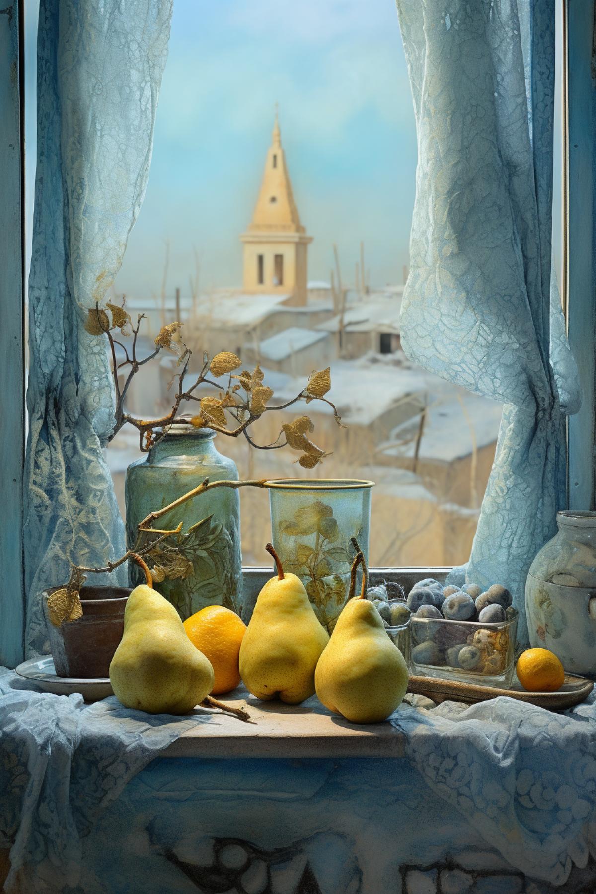 still life, pears on the window, the Russian snow town background , in the style of surrealistic urban, yellow and aquamarine, ottoman art, mixed media installations