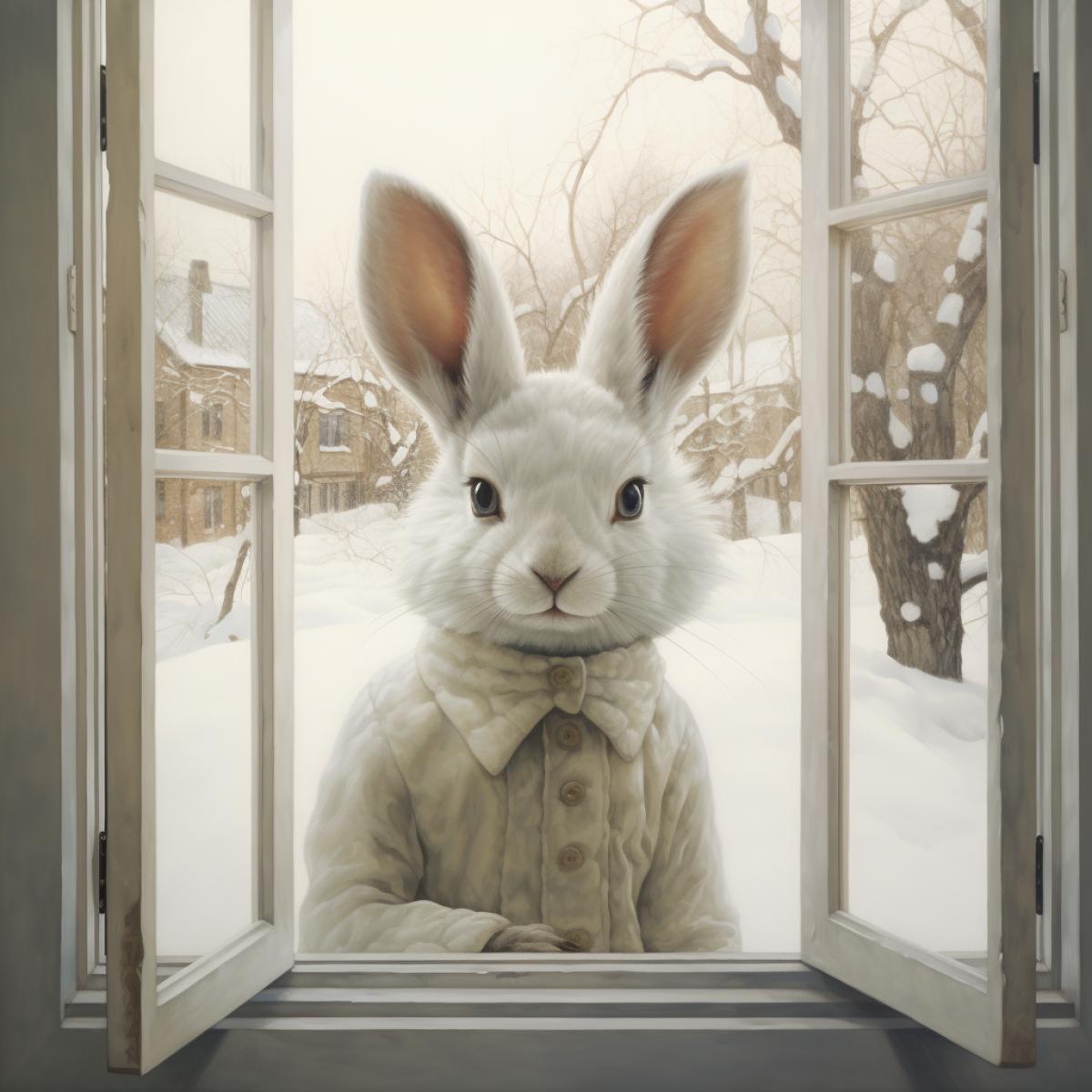 White rabbit outside of my window, winter