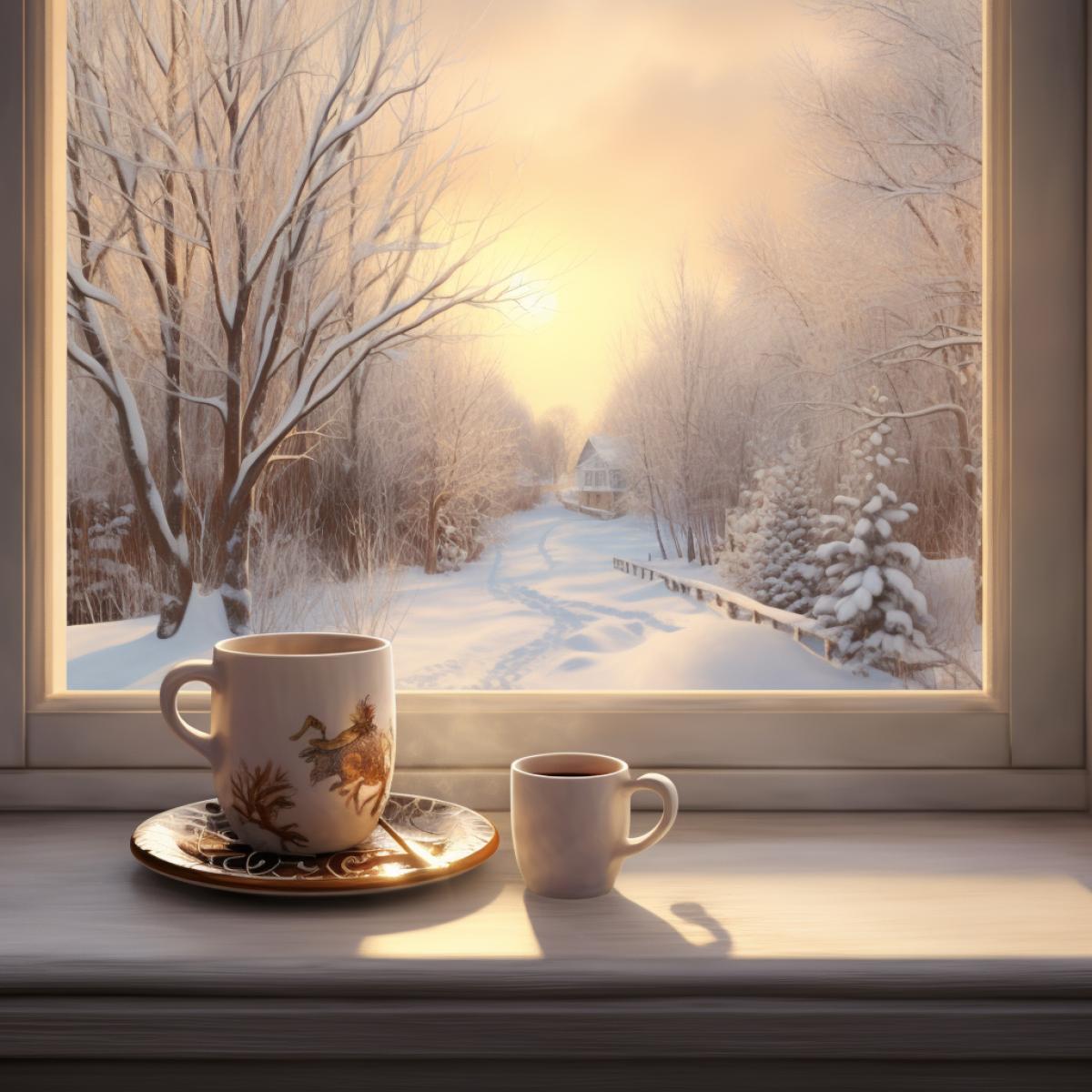 a cup of hot chocolate on the desk by the window, winter landscape