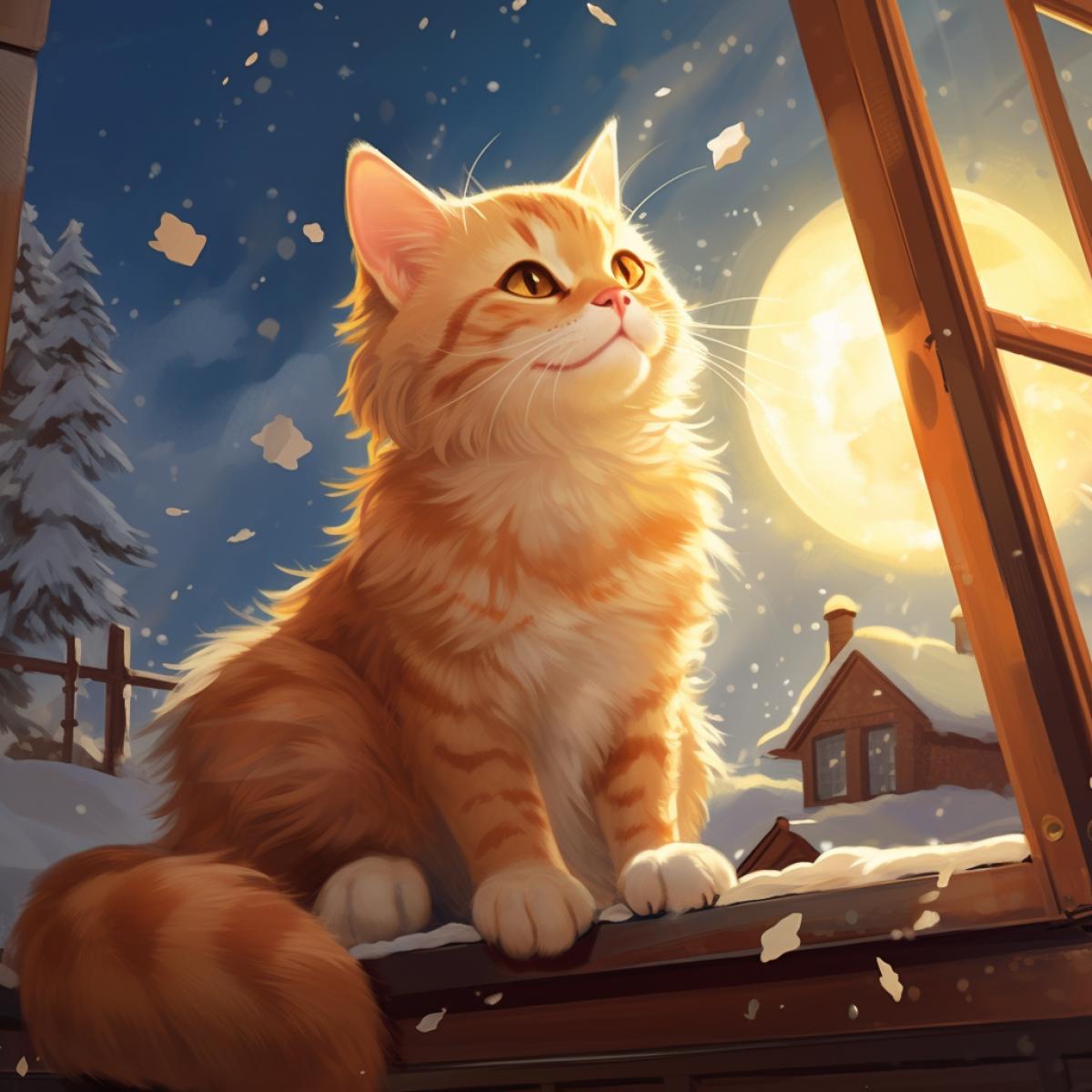 The ginger cat looks out the window, where it is snowing white and the kids are playing on the slide, and there is a huge satellite in the sky and two suns are shining right in his face and everything is flooded with a bright yellow glow