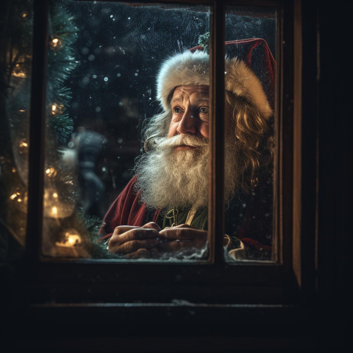 an Santa Claus looking through a window at night, cinematic lighting, dark