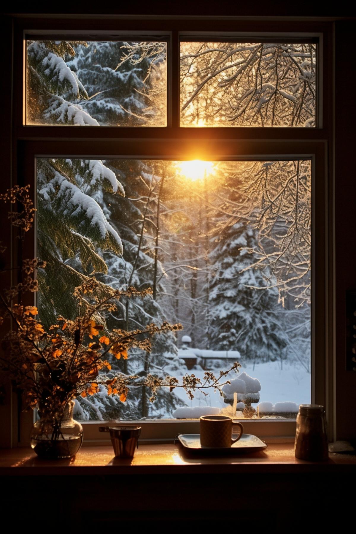The window sill, the view from my window is Snowfall, light passing through the trees branches, sun rays, light beams, rich colors, photograph