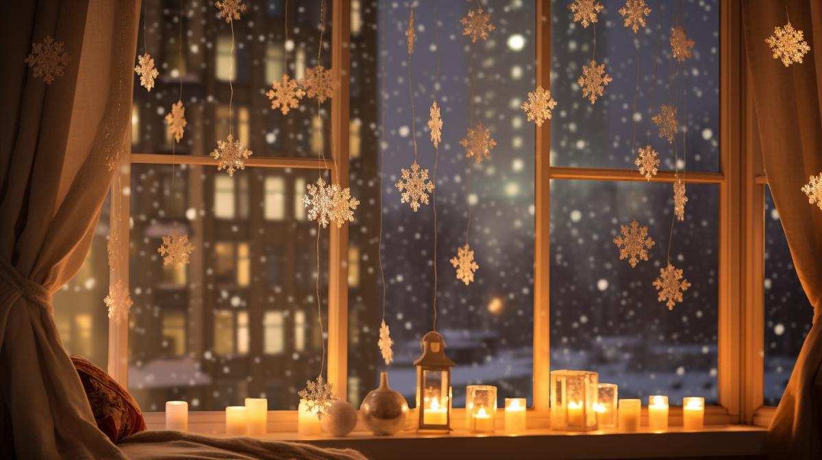 Cozy interior photo, large window, paper snowflakes pasted on the window, snowfall outside the window, opposite window of five-story building with lighted windows, evening, winter, warm atmosphere