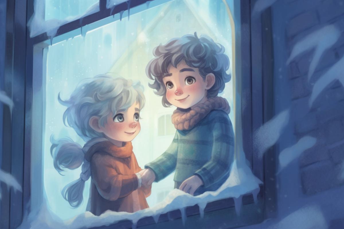 Illustration for a childrens book, a boy and a girl look out the window in winter and there is a snow queen standing outside the window and wants to steal the children