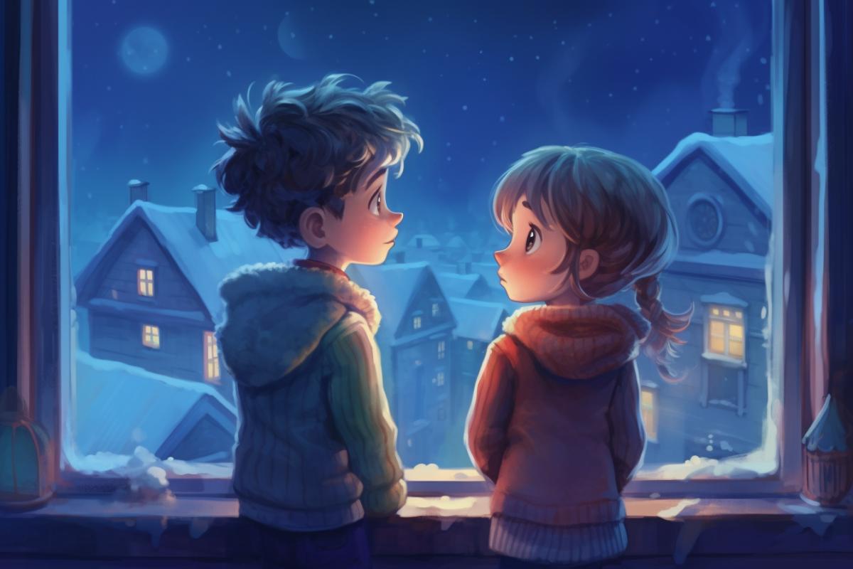 Illustration for a childrens book, a boy and a girl look out the window in winter and there is a snow queen standing outside the window and wants to steal the children
