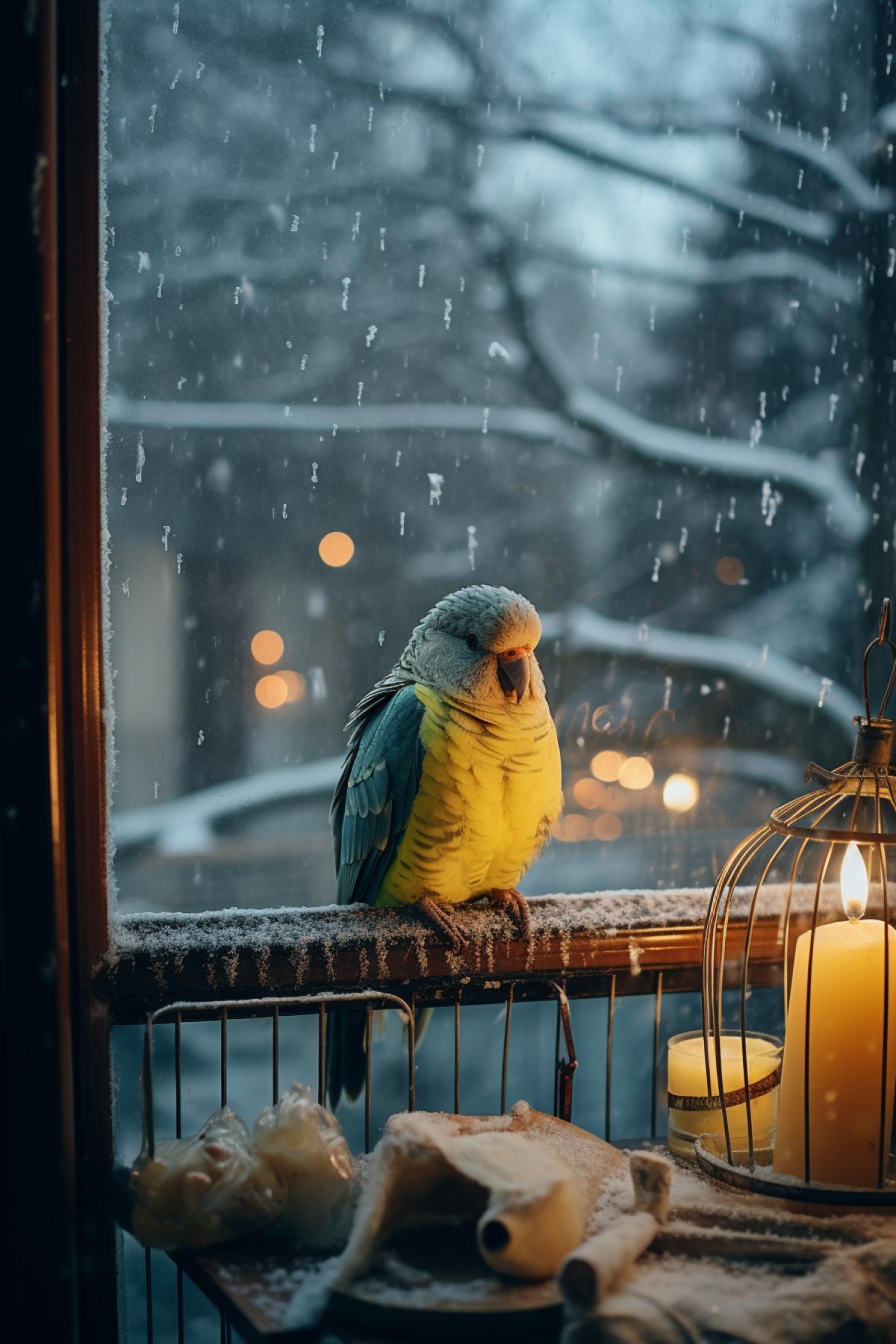 Interior photography, Parrot cage stands on the window, snowfall outside the window, cozy atmosphere, breathtakingly beautiful