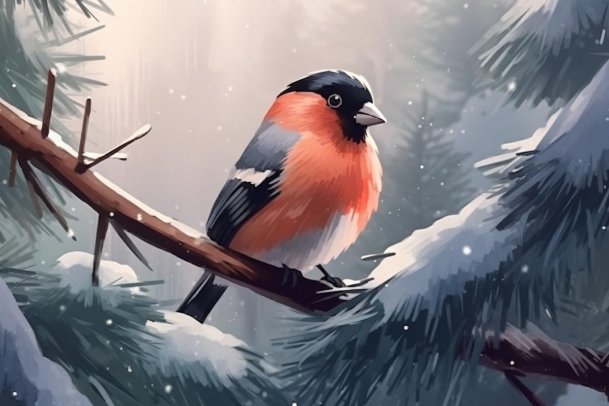 Illustration for a childrens book, a bullfinch sitting on a pine branch, view from the window, winter