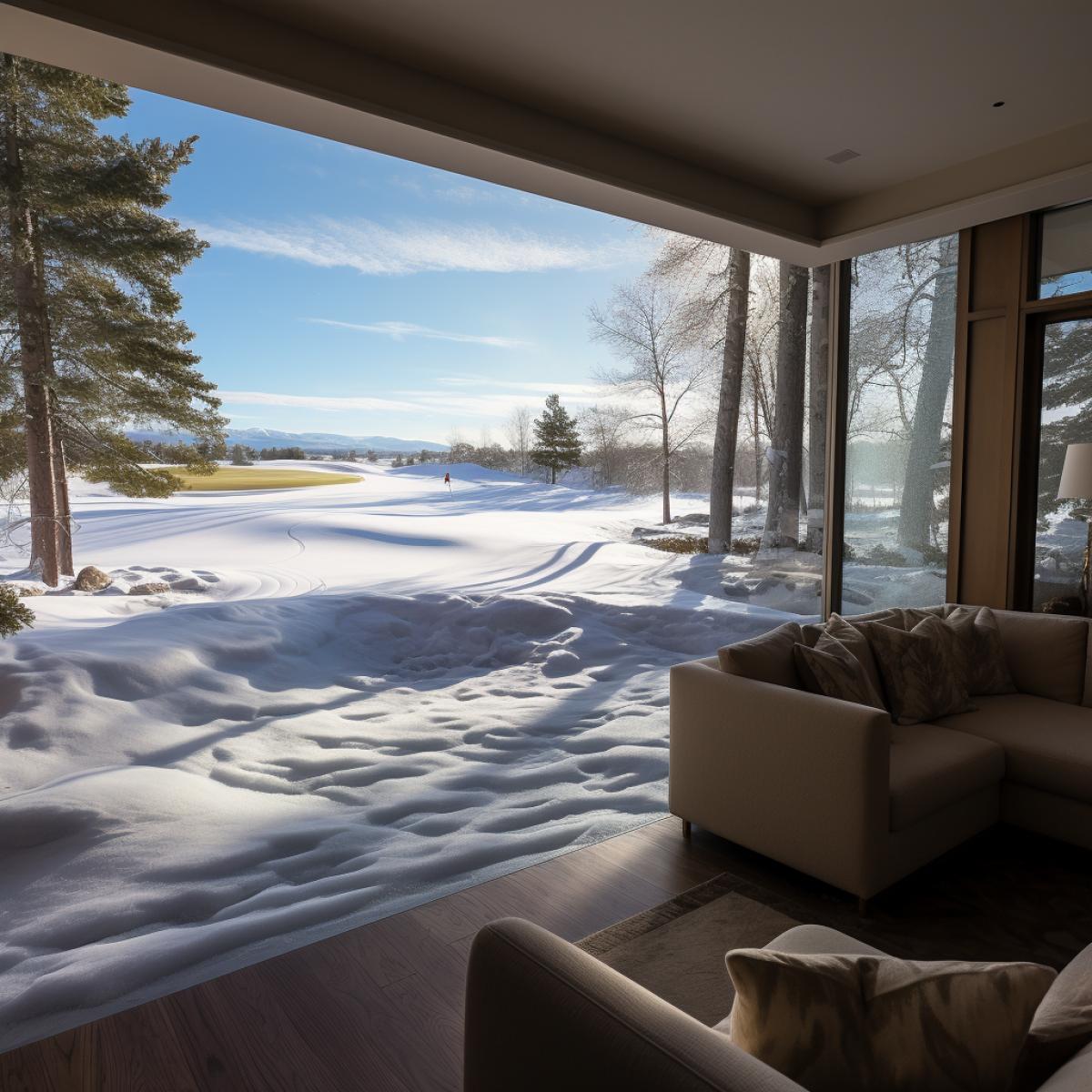 view from inside house looking outside through big glwindows The view is of snowy golf course The image should feel deep and powerful
