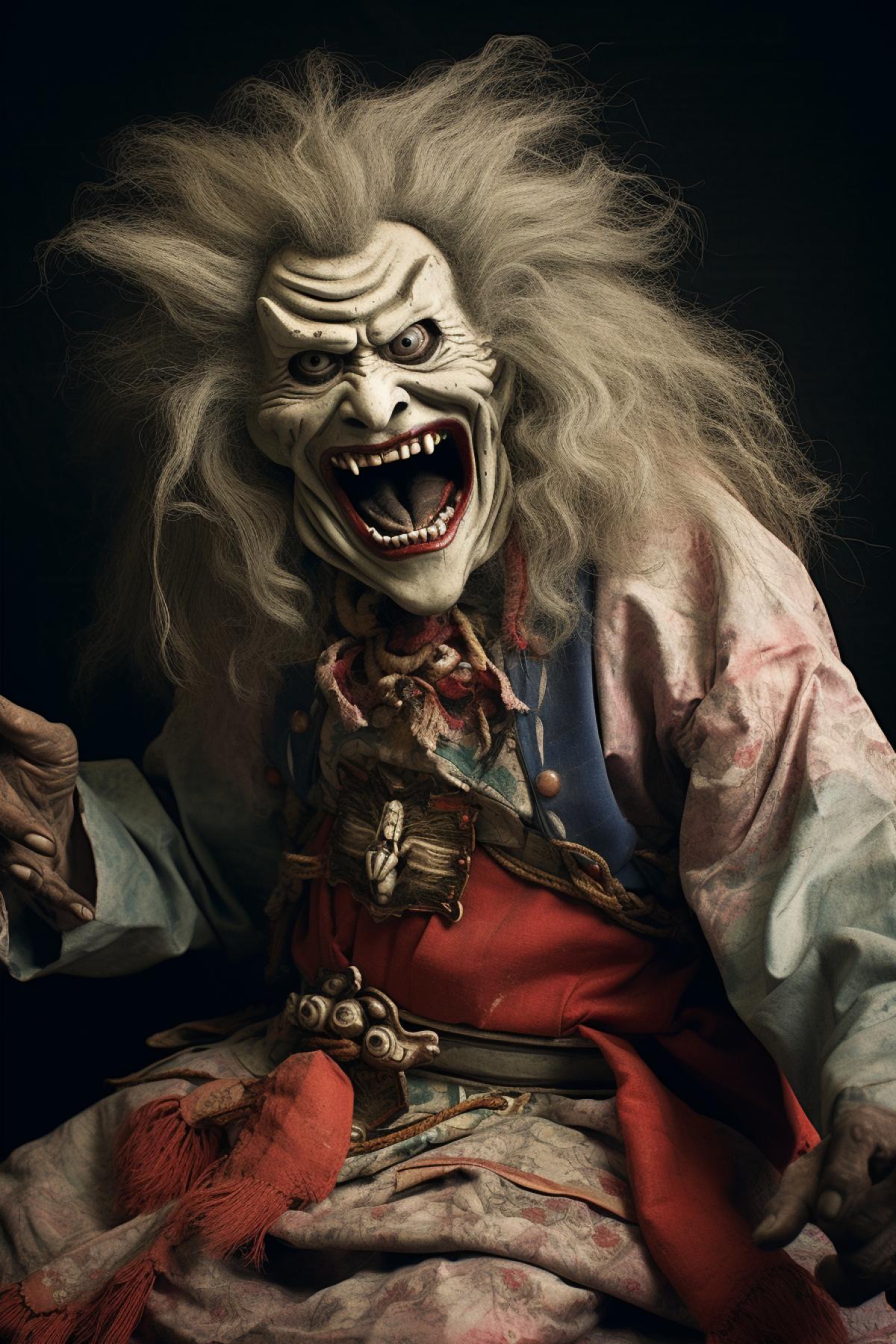 a never seen before colour photography of a hard laughing Yokai
