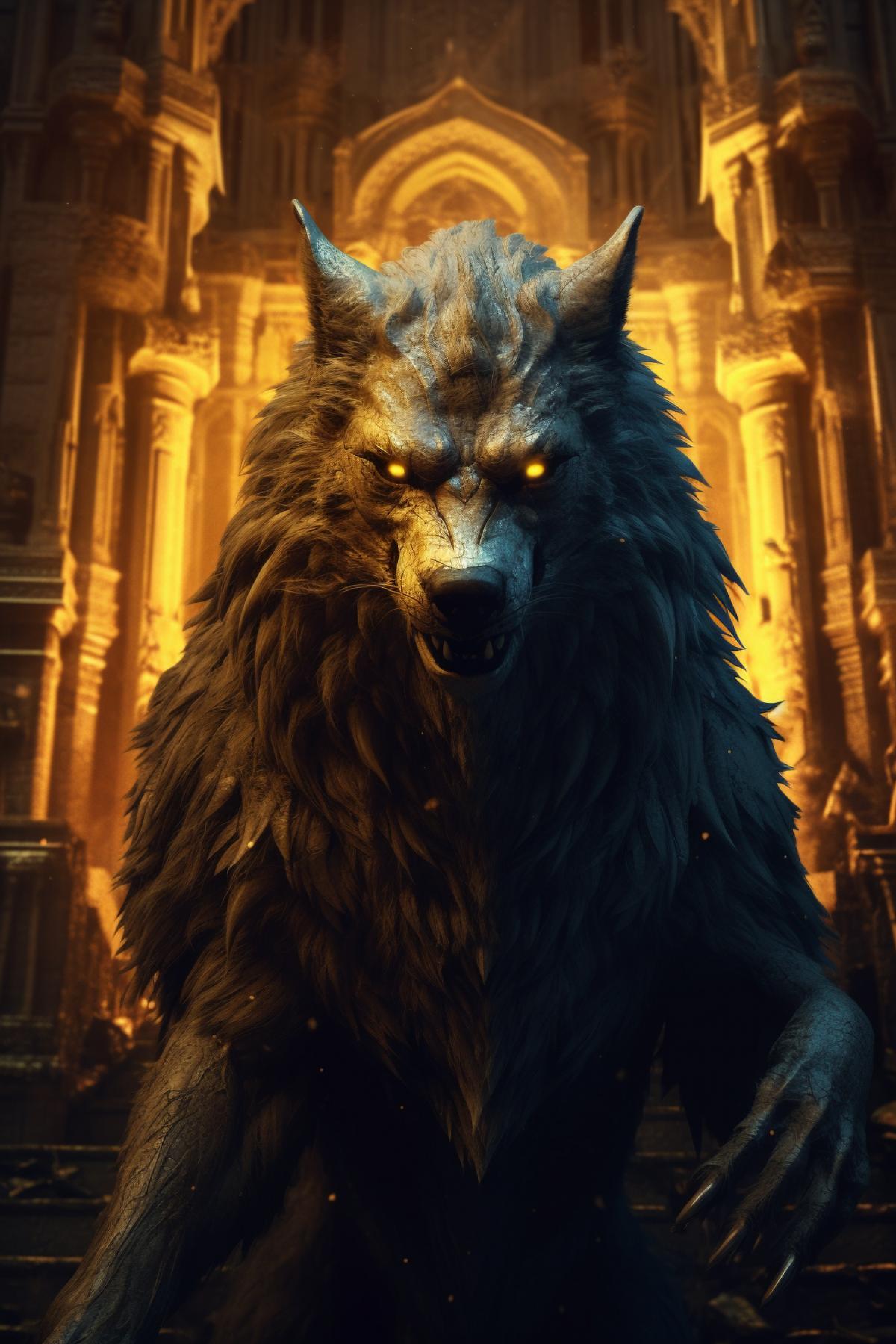 very beautiful attractive werewolf, red eyes, golden fur, comes out of a glowing mystical ancient castle