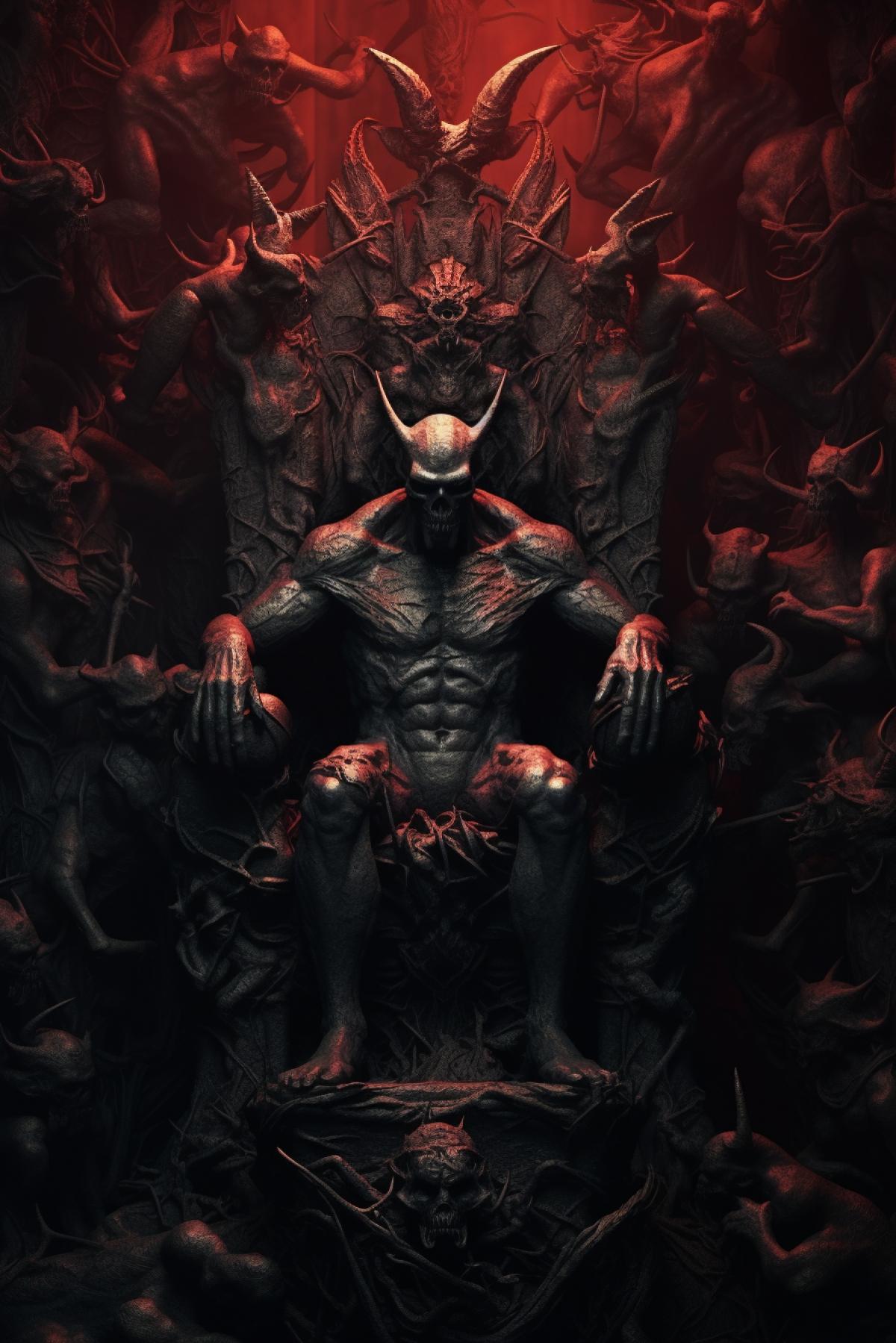 Nine circles of Hell, Huge creepy Devil sitting on the throne, high detail, good quality, 4K, surrealism, atmosphere of hopelessness and despair, red-gray tones
