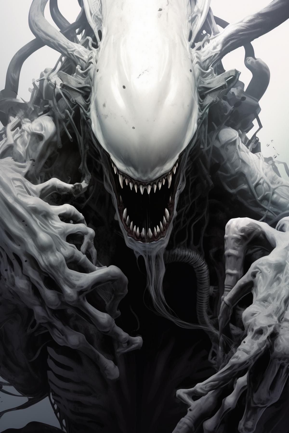 Xenomorph aggressive in big white room detailed only white palette