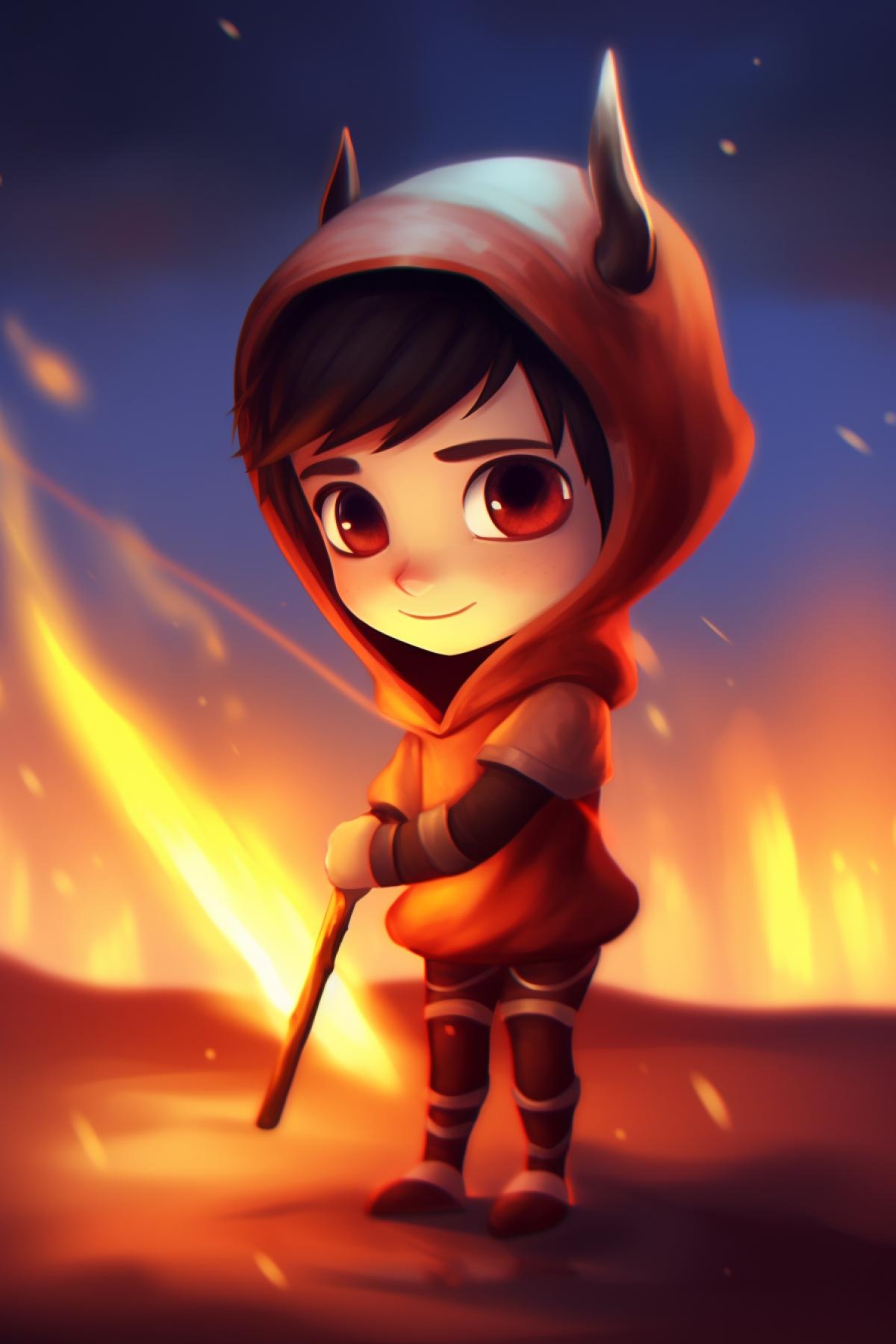 Demon kenai cutie with a pitchfork on a background of fire