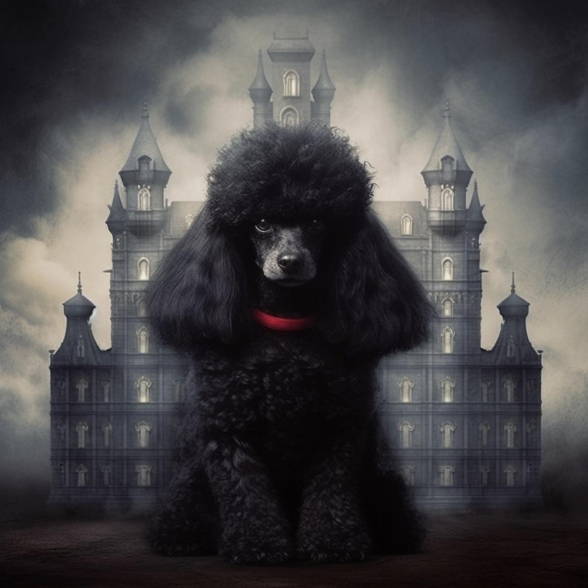 The cutest fluffy playful dark poodle. Gothic castle. Lots of light.