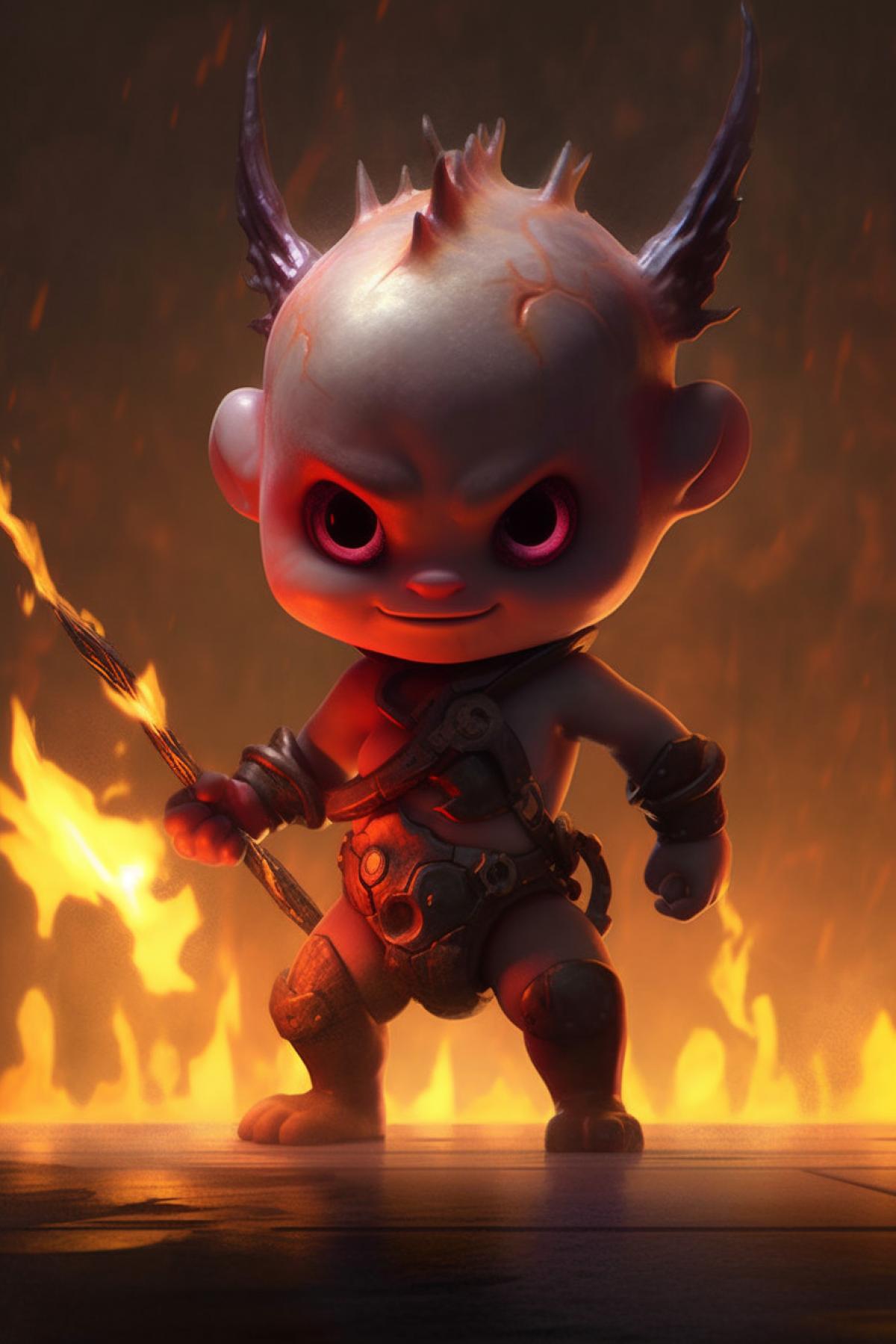 Demon kenai cutie with a pitchfork on a background of fire