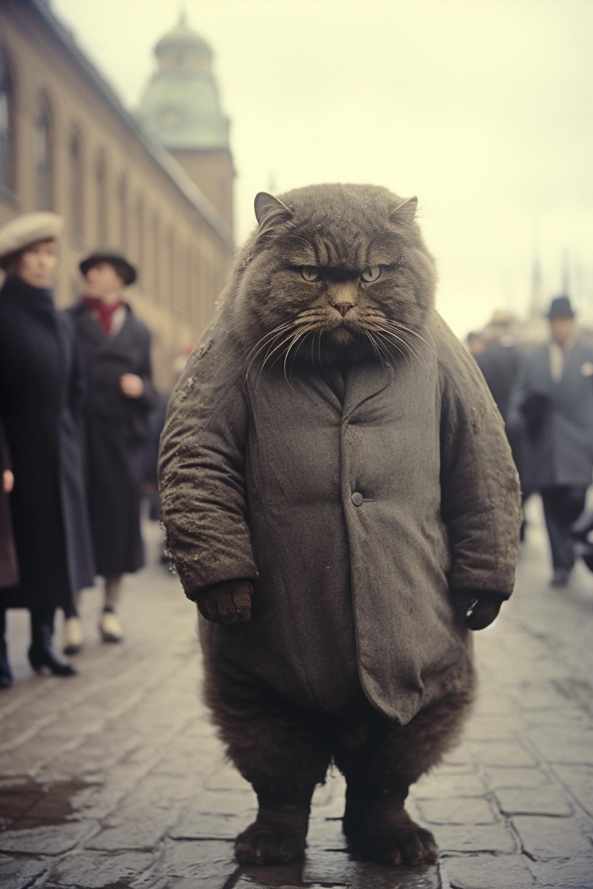A humanoid, devilishly cunning fluffy cat resembling a hippopotamus walks the streets of Moscow at the beginning of the 20th century. The photograph was taken in the style of the first color photographs.