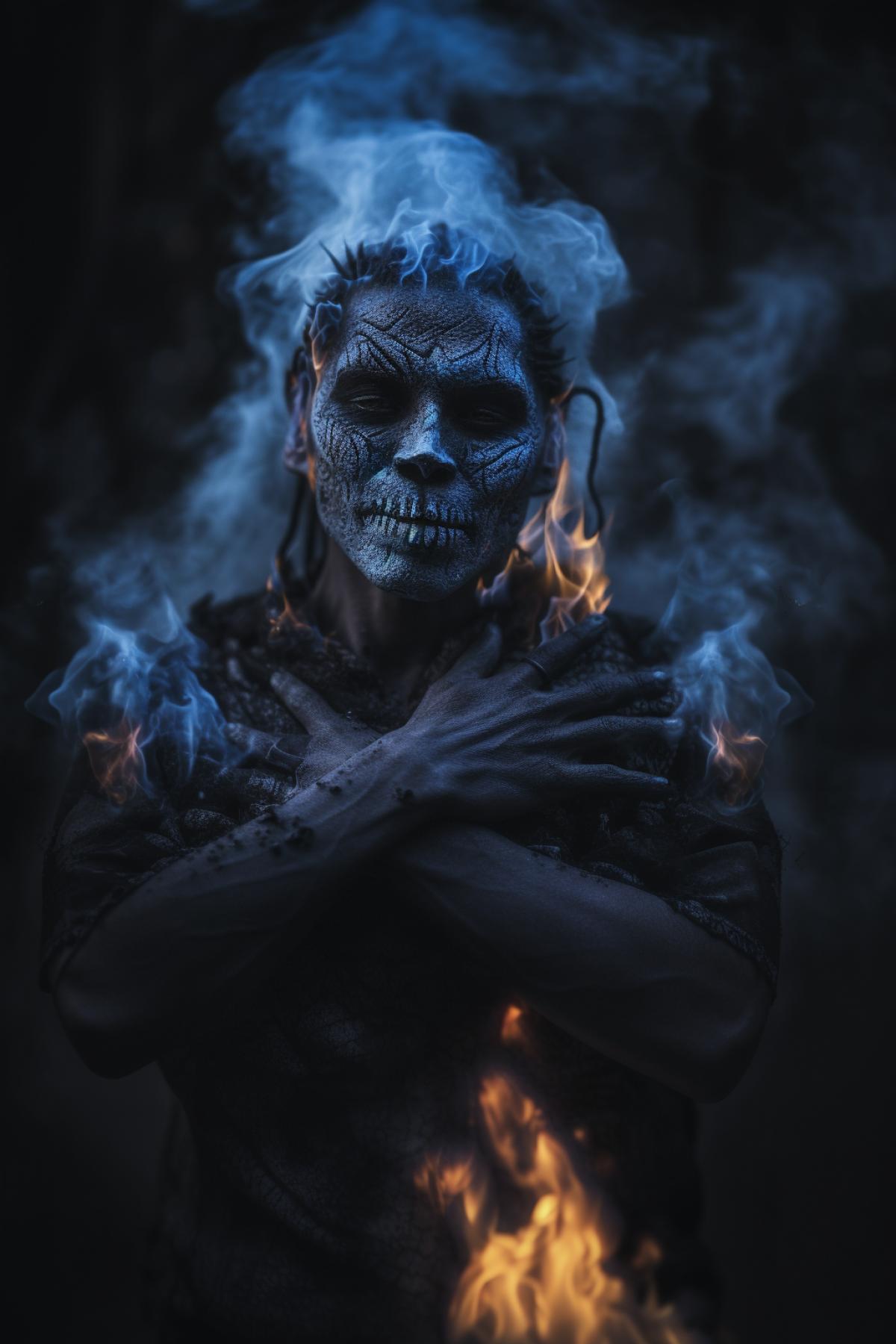 Creature from hell, blue fire, ritual, skin, photography