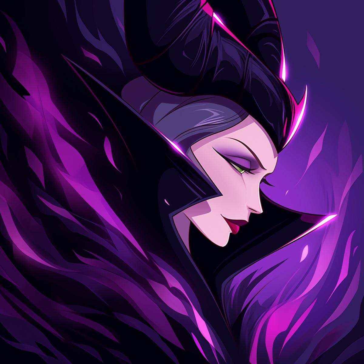Maleficent, cartoon style, purple background, high detail