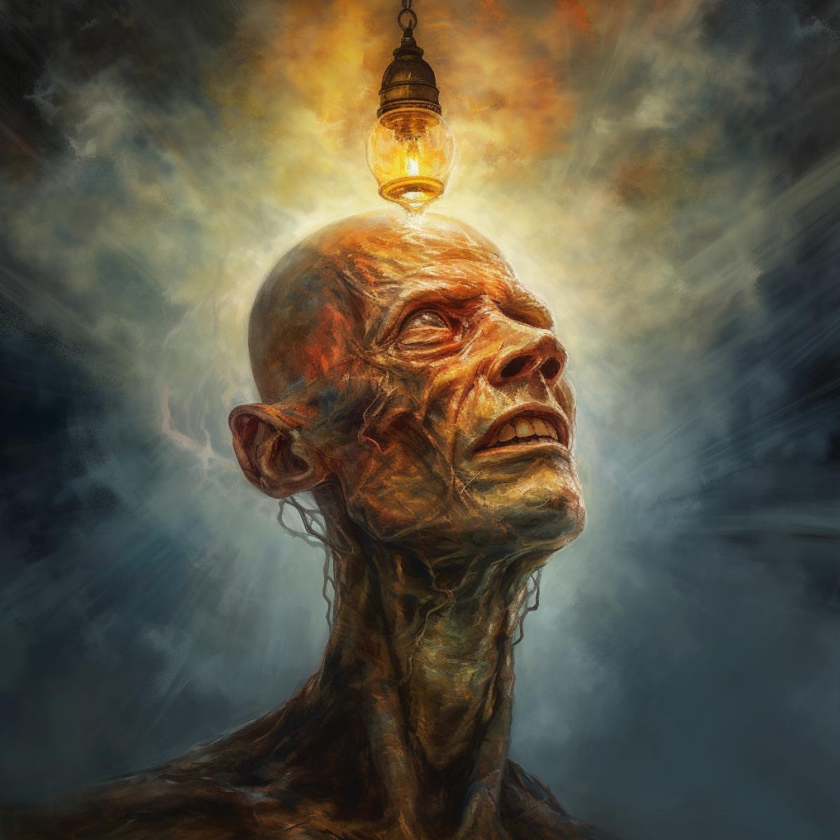 monster in the head, lantern, bright light, hope