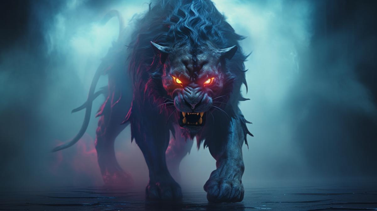 front view of a beast emerging from the mist in the style of fantasy creatures, low angle, view from below, visually mind-blowing, blink-and-you-miss-it detail, hyper-detailed, beautifully color-coded, photorealistic, mysterious light, accent lighting, soft shadows, clean sharp focus, depth of field, dynamic angle, mesmerizing and dynamic com4k