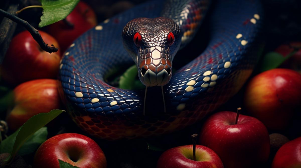 shot of a snake in a darkest version of the Garden of Eden, pov looking at the camera, Apples, forbidden fruit, tempting look, whimsical, muse, stunning, graceful, visually mind-blowing, hyper-detailed, beautifully color-coded, photorealistic, dramatic supernatural lighting, soft shadows, clean sharp focus, depth of field, dynamic angle, mesmerizing and dynamic com4k