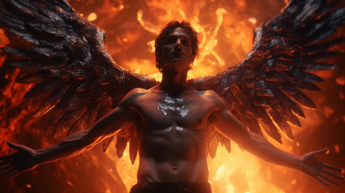 outstanding supernatural beauty shot of A fallen angel, a stunningly handsome man with dark angel wings falls into the glowing lava, tempting look, whimsical, muse, stunning, graceful, visually mind-blowing, hyper-detailed, beautifully color-coded, photorealistic, dramatic supernatural lighting, soft shadows, clean sharp focus, depth of field, dynamic angle, mesmerizing and dynamic com4k