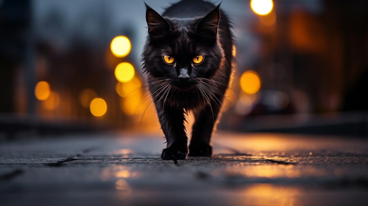 dark cat crossing the street, professional photography
