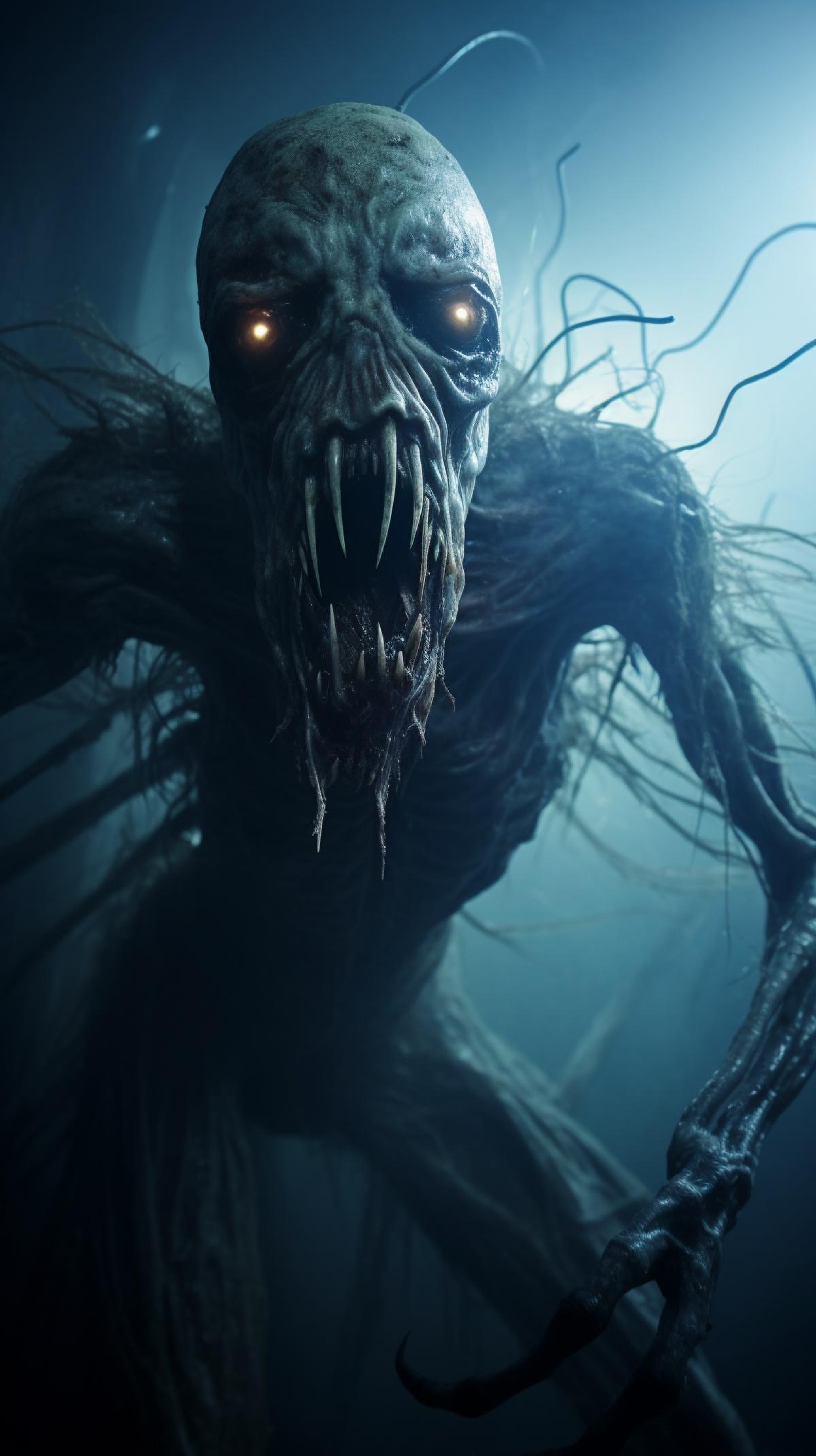 epic dramatic terrifying shot of a surreal scary creepy creature in bluish mist, Lovecraft character, award-winning horror photography, madness and insanity, nightmare, tilt-shift lens, tilt angle perspective, horror, dark evil atmosphere, morbid and ashen light, hyper-detailed, emphasis on detail, photorealistic, intense shading, clean sharp focus, depth of field, dynamic movement, dynamic com4k