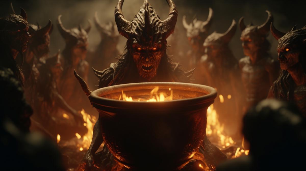 Horned devils dance around cauldron in the underworld, visually mind-blowing, hyper-detailed, beautifully color-coded, photorealistic, dramatic supernatural lighting, soft shadows, clean sharp focus, depth of field, dynamic angle, mesmerizing and dynamic com4k