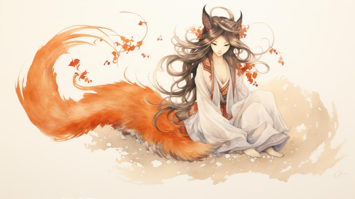 Traditional Japanese watercolor painting, Kitsune, a fox-shifter, in the form of a beautiful woman with a fox tail