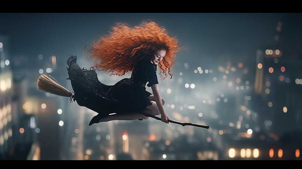 outstanding supernatural beauty shot of a beautiful red-haired Witch in afitting costume flies on a broomstick through a modern nighttime city, whimsical, muse, stunning, graceful, visually mind-blowing, hyper-detailed, beautifully color-coded, photorealistic, dramatic supernatural lighting, soft shadows, clean sharp focus, depth of field, dynamic angle, mesmerizing and dynamic com4k
