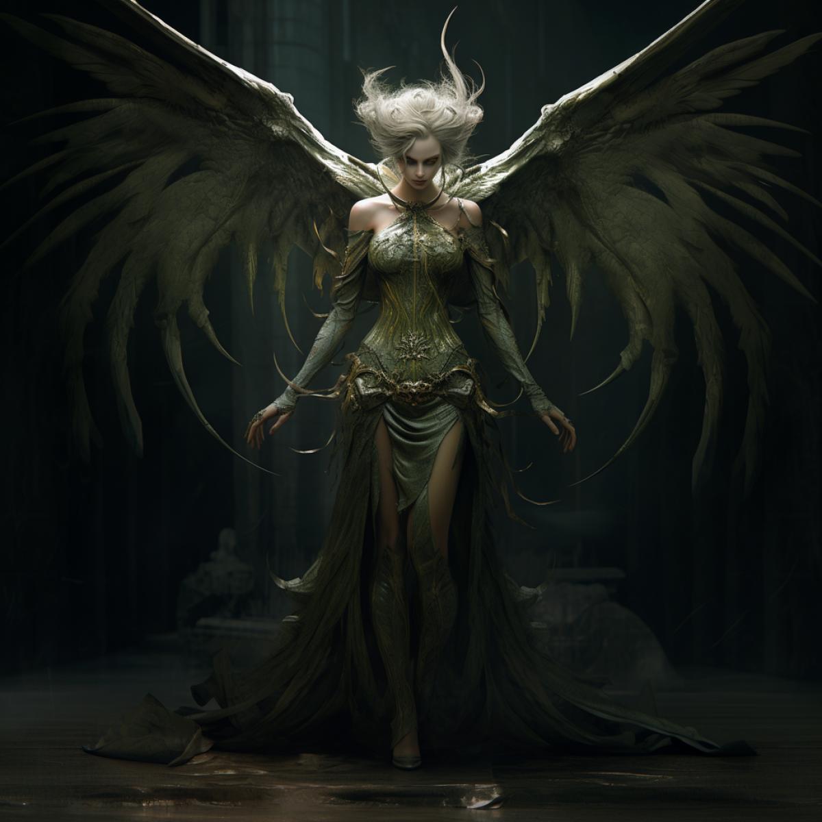 a female devil with large wings in a dark costume with sharp horns, in the style of eve ventrue, bastien lecouffe-deharme, stylish costume design, dark gold and green, shwedoff, changelingcore, meticulous linework precision