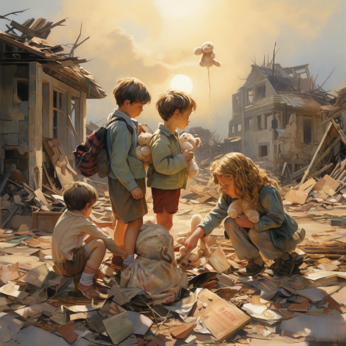 In a war-torn village, children gather amidst the rubble, using remnants of discarded items to create makeshift toys. This poignant scene illustrates the indomitable nature of hope and resilience, as even amidst destruction, the human spirit finds ways to foster a sense of normalcy and childhood innocence.
